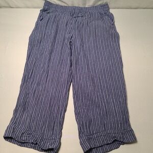 Navy Blue White Stripe Herringbone 2XL Barrel Leg Nautical Beachy Linen Boho